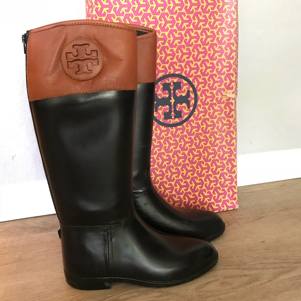 Tory Burch Black + Tan equestrian style rain boots